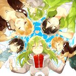  4boys black_hair blush closed_eyes dual_persona green_hair heart holding_hands hood hoodie kagerou_project kano_shuuya kido_tsubomi long_hair multiple_boys multiple_girls one_eye_closed red_eyes seto_kousuke short_hair smile tears waltz_(tram) younger 