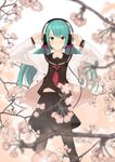  aqua_eyes aqua_hair arms_up bad_id bad_pixiv_id black_legwear black_serafuku blurry cardigan cherry_blossoms couzone depth_of_field grin hair_ornament hair_scrunchie hands_on_headphones hatsune_miku headphones highres long_hair looking_at_viewer open_cardigan open_clothes pantyhose school_uniform scrunchie serafuku skirt smile solo twintails vocaloid 