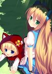  alice_(wonderland) alice_in_wonderland blonde_hair blue_eyes blush bow crossover dress glass green_eyes hair_bow hood little_red_riding_hood_(grimm) long_hair looking_at_viewer megarisu multiple_girls original short_hair 