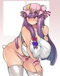  bare_shoulders breasts crescent fat hair_ornament highres huge_breasts kedamono_kangoku-tou leaning_forward long_hair panties patchouli_knowledge pink_panties plump purple_eyes purple_hair shirt solo standing sweat thighhighs touhou underwear wardrobe_malfunction white_legwear 