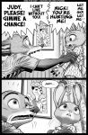  anthro black_and_white borba canine clothed clothing comic dipstick_ears disney drama female fox judy_hopps lagomorph lol_comments male mammal monochrome nick_wilde rabbit sad shirt speech_bubble text zootopia 