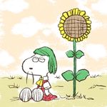  chamupei charles_schulz_(style) comic facial_hair flower green_hair kazami_yuuka mustache peanuts shirt sitting skirt skirt_set solo spike_(peanuts) sunflower touhou vest 