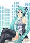  aqua_eyes aqua_hair botan_m detached_sleeves hatsune_miku headset long_hair nail_polish necktie sitting skirt solo tattoo thighhighs twintails very_long_hair vocaloid 