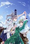  bird blue_eyes couple dress green_dress green_eyes green_hair hat highres holding_hands hug_(yourhug) japanese_clothes long_hair mononobe_no_futo multiple_girls ponytail skirt smile soga_no_tojiko tate_eboshi touhou white_hair yuri 