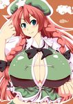  blue_eyes braid breasts center_opening china_dress chinese_clothes cleavage dress hat hong_meiling huge_breasts long_hair looking_at_viewer moo_yoshio red_hair smile solo star touhou twin_braids 