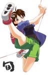  ahoge backpack bad_id bad_pixiv_id bag bdsm blush bondage bound breasts brown_eyes brown_hair crotch_rope fishing_line kabeu_mariko large_breasts shoes short_hair shorts sleeves_rolled_up sneakers solo umihara_kawase umihara_kawase_(character) 