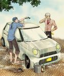  archer barefoot blue_hair car car_wash casual fate/hollow_ataraxia fate/stay_night fate_(series) ground_vehicle hose lancer motor_vehicle multiple_boys sa-n-o-zi washing wet wet_clothes white_hair 