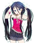  bare_shoulders black_hair blue_eyes bracelet breasts bunching_hair cowboy_shot floral_background hair_between_eyes hair_ornament hairdressing hairpin jewelry lace_trim long_hair mattaku_mousuke mouth_hold neck_ribbon original ribbon skirt small_breasts smile solo twintails very_long_hair white_ribbon 