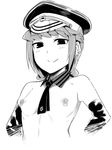  blush breasts chronoire_schwarz_vi earrings elbow_gloves em gloves greyscale hat jewelry monochrome nipple_piercing nipples peaked_cap piercing small_breasts smile solo striped upper_body witch_craft_works 