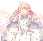  :d ^_^ abandon_ranka ahoge apron closed_eyes dress flower frills hair_flower hair_ornament hair_ribbon kagerou_project kozakura_marry long_hair open_mouth petals pink_hair ribbon smile solo 