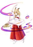  animal_ears bakushunka blonde_hair fan fire folding_fan fox_ears japanese_clothes long_hair magic miko simple_background tenko_kuugen wagaya_no_oinari-sama white_background yellow_eyes 