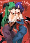  animal_print asanagi bare_shoulders bat_print blush breast_press breasts cleavage colored_eyelashes covered_navel demon_tail demon_wings face-to-face green_eyes green_hair head_wings heart holding_hands interlocked_fingers large_breasts leg_up leotard lilith_aensland long_hair looking_at_viewer morrigan_aensland multiple_girls multiple_wings pantyhose print_legwear puckered_lips purple_hair red_background red_eyes red_leotard short_hair siblings sisters tail vampire_(game) wings yuri 