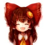  amanojaku ascot bad_id bad_pixiv_id bow closed_eyes face hair_bow hair_ornament hakurei_reimu highres long_hair open_mouth orange_hair smile solo touhou 