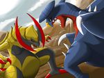  claws dragon duo feral fight garchomp haxorus male marcoh88 nintendo pok&#233;mon pok&eacute;mon red_eyes video_games yellow_eyes 