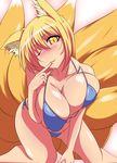  animal_ears bikini blonde_hair blush breasts cleavage fang finger_to_mouth fox_ears fox_tail highres huge_breasts leaning_forward lips looking_at_viewer multiple_tails muruchi- short_hair side-tie_bikini solo swimsuit tail touhou yakumo_ran yellow_eyes 