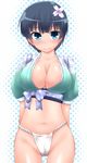  black_hair blush breasts cameltoe cleavage flower fundoshi green_eyes hair_flower hair_ornament highres japanese_clothes large_breasts midriff navel senran_kagura senran_kagura_shinovi_versus shiny shiny_skin short_hair solo thigh_gap yamakasa yoshi_tama yozakura_(senran_kagura) 