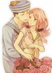  1girl bad_id bad_pixiv_id braid closed_eyes dixie_cup_hat hair_bobbles hair_ornament hat hetero higashikata_jousuke_(jojolion) hirose_yasuho hug hug_from_behind jojo_no_kimyou_na_bouken jojolion military_hat pink_hair sailor_hat skirt yuzuki_karu 