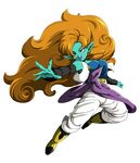  :d bad_id bad_pixiv_id blue_eyes blue_skin boots breasts detached_sleeves dragon_ball dragon_ball_z full_body long_hair medium_breasts open_mouth orange_hair simple_background smile solo ulimatos white_background zangya 