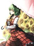  ascot breasts flower green_hair hand_on_own_chest highres ibuki_notsu kazami_yuuka long_sleeves looking_at_viewer medium_breasts open_clothes open_vest over_shoulder parasol red_eyes shirt short_hair skirt smile solo sunflower touhou umbrella vest 