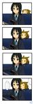  2girls 4koma absurdres akiyama_mio animal_ears black_eyes black_hair blush_stickers brown_hair comic cuddling dated face_licking guitar hairband highres instrument k-on! licking long_hair multiple_girls sakuragaoka_high_school_uniform school_uniform short_hair sidelocks signature sleeves_past_wrists smile suan_ringo tainaka_ritsu tongue tongue_out translated wolf_ears |_| 