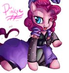  blue_eyes dress english_text equine female feral fishnet friendship_is_magic fur hair horse mammal my_little_pony one_eye_closed open_mouth pink_fur pink_hair pinkie_pie_(mlp) plain_background pony saloon_dress solo suggestive text thegalactickat white_background wink 