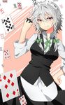  adapted_costume apron bad_id bad_pixiv_id between_thighs braid breasts card highres izayoi_sakuya knife long_sleeves looking_at_viewer maid maid_headdress medium_breasts neckerchief pink_eyes shirt silver_hair skirt skirt_set smile solo touhou twin_braids vest waist_apron yarawi 