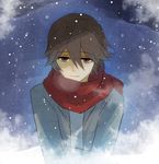  ahoge breath brown_eyes brown_hair commentary hair_between_eyes hato_moa hatoful_kareshi jacket looking_at_viewer male_focus official_art personification scarf sky snow snowing solo uzune_hitori winter 