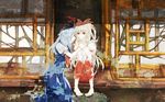  bad_id bad_pixiv_id barefoot blue_dress blue_hair daasaki dress from_side fujiwara_no_mokou holding_hands kamishirasawa_keine long_hair looking_at_another multiple_girls pants profile sitting touhou white_hair 