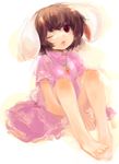  animal_ears bad_id bad_pixiv_id bare_legs barefoot brown_eyes brown_hair bunny_ears carrot carrot_necklace dress highres inaba_tewi jewelry maccha_cocoa_(mococo) necklace one_eye_closed open_mouth pendant pink_dress short_hair sitting solo touhou 