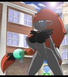  anthrofied breasts city female fur green_eyes grey_fur hair latiar027 long_hair looking_at_viewer nintendo outside pok&#233;mon pok&#233;morph pok&eacute;mon solo sun two_tone_hair video_games zoroark 