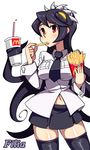  akai_hirofuta black_hair black_legwear breasts drink eating extra_mouth filia_(skullgirls) food french_fries large_breasts long_hair mcdonald's navel prehensile_hair red_eyes samson_(skullgirls) school_uniform skirt skullgirls solo thighhighs 