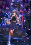  absurdres barefoot blue_dress blue_hair bow bracelet cherry_blossoms dress gohei hair_bow hair_tubes hakurei_reimu highres holding jewelry jianren leg_up looking_at_viewer m.u.g.e.n maga-reimu pipe red_eyes ring solo splashing standing tattoo torii touhou yin_yang 