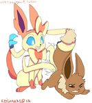  blush bow cum eevee eeveelution female feral happy keishinkae lesbian nintendo penetration plain_background pok&#233;mon pok&eacute;mon smile squirt sylveon tail_grab video_games white_background 