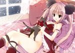  absurdres animal animal_ears babydoll bed bottomless cat copyright_request curtains garters highres indoors inugami_kira legs lingerie long_hair looking_at_viewer lying mouse_ears no_panties on_back pink_hair red_legwear ribbon thighhighs twintails underwear window 