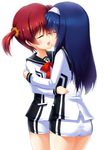  bad_id bad_pixiv_id blue_hair brown_hair closed_eyes futaba_aoi_(vividred_operation) hug isshiki_akane kiss long_hair mocchi multiple_girls national_shin_ooshima_school_uniform school_uniform serafuku short_hair short_shorts shorts twintails vividred_operation yuri 