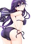  ass bad_id bad_pixiv_id bikini black_bikini henet_hene kuroki_rei long_hair purple_eyes purple_hair scarf side-tie_bikini solo swimsuit vividred_operation 