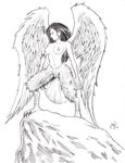  avian big_breasts breasts feathers female greyscale harpy monochrome navel nipples plumage solo talons taur topless wings 