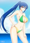  2013 artist_name beach bikini blue_hair breasts center_opening cleavage cloud dated day hand_on_hip hand_on_thigh large_breasts legs long_hair looking_at_viewer navel o-ring o-ring_bikini o-ring_bottom o-ring_top ocean original outdoors ponytail red_eyes shiny shiny_skin sky solo swimsuit the-sinner thighs 