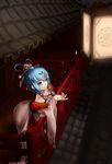  architecture blue_eyes blue_hair chinese_clothes chopsticks east_asian_architecture hair_ornament hair_rings hair_tubes hanfu highres lantern luo_tianyi night rooftop vocaloid vocanese wei_ji 