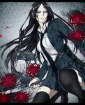  black_hair flower grey_eyes katana koubou long_hair necktie original school_uniform skirt solo spider_lily sword thighhighs weapon 