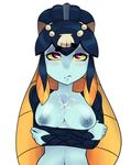  annoyed blue_skin blush boggle breast_hold breasts crossed_arms cum cum_on_body cum_on_breasts cum_on_upper_body dark_nipples fish_girl frown heart heart-shaped_pupils highres jitome large_breasts md5_mismatch minette_(skullgirls) monster_girl navel nipples nude pink_eyes resized simple_background skullgirls standing sweatdrop symbol-shaped_pupils upscaled white_background yellow_sclera 