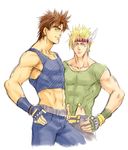  abs blonde_hair blue_eyes brown_hair caesar_anthonio_zeppeli crop_top facial_mark feathers fingerless_gloves gloves green_eyes hair_feathers headband jojo_no_kimyou_na_bouken joseph_joestar_(young) kurenai_karasu midriff multiple_boys 