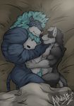  amwulf anthro bed biceps big_muscles blue_fur body_hair canine couple cuddling cute duo feline fur gay happy_trail hug lion lying male mammal muscles nipples nude on_back on_side pecs pose pubes size_difference toned 