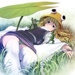  blonde_hair blue_eyes blush choujuu_giga foreshortening frog grass hair_ribbon hat leaf lying masao moriya's_iron_rings moriya_suwako on_back on_grass on_ground panties ribbon short_hair skirt solo striped striped_panties thighhighs touhou underwear white_legwear wide_sleeves 