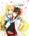  1girl ahoge bad_id bad_pixiv_id black_hair blonde_hair blush coat couple fragrantolive gloves green_hair hetero holding_hands jude_mathis long_hair midriff milla_maxwell multicolored_hair red_eyes short_hair smile tales_of_(series) tales_of_xillia tales_of_xillia_2 
