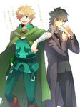  black_hair brown_hair cape cigarette cloak emiya_kiritsugu facial_hair fate/extra fate/zero fate_(series) green_eyes hair_over_one_eye lighter multiple_boys orange_hair robin_hood_(fate) ruchi stubble 