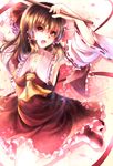  armpits arms_up ascot bow breasts brown_eyes brown_hair cherry_blossoms cleavage collarbone detached_sleeves flower gohei hair_bow hair_tubes hakurei_reimu kotonoman long_sleeves looking_at_viewer medium_breasts open_mouth petals shirt sideboob skirt skirt_set solo touhou wide_sleeves 