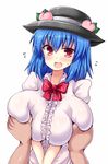  alternate_breast_size blue_hair blush bow breast_grab breasts grabbing hat highres hinanawi_tenshi huge_breasts looking_at_viewer naoyama_masaru open_mouth red_eyes skindentation solo_focus sweatdrop touhou white_background 