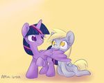  alasou cutie_mark derpy_hooves_(mlp) duo equine female feral friendship_is_magic hair horn horse mammal multi-colored_hair my_little_pony nom om_nom_nom pegasus plain_background pony purple_eyes twilight_sparkle_(mlp) winged_unicorn wings yellow_eyes 