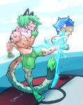  angry biceps body_markings clenched_teeth clothing cursedmarked ear_piercing feline fight fur green_hair hair male mammal markings muscles nintendo pecs piercing pok&#233;mon pok&eacute;mon qwilfish shorts socks spots teeth tiger toned topless video_games 